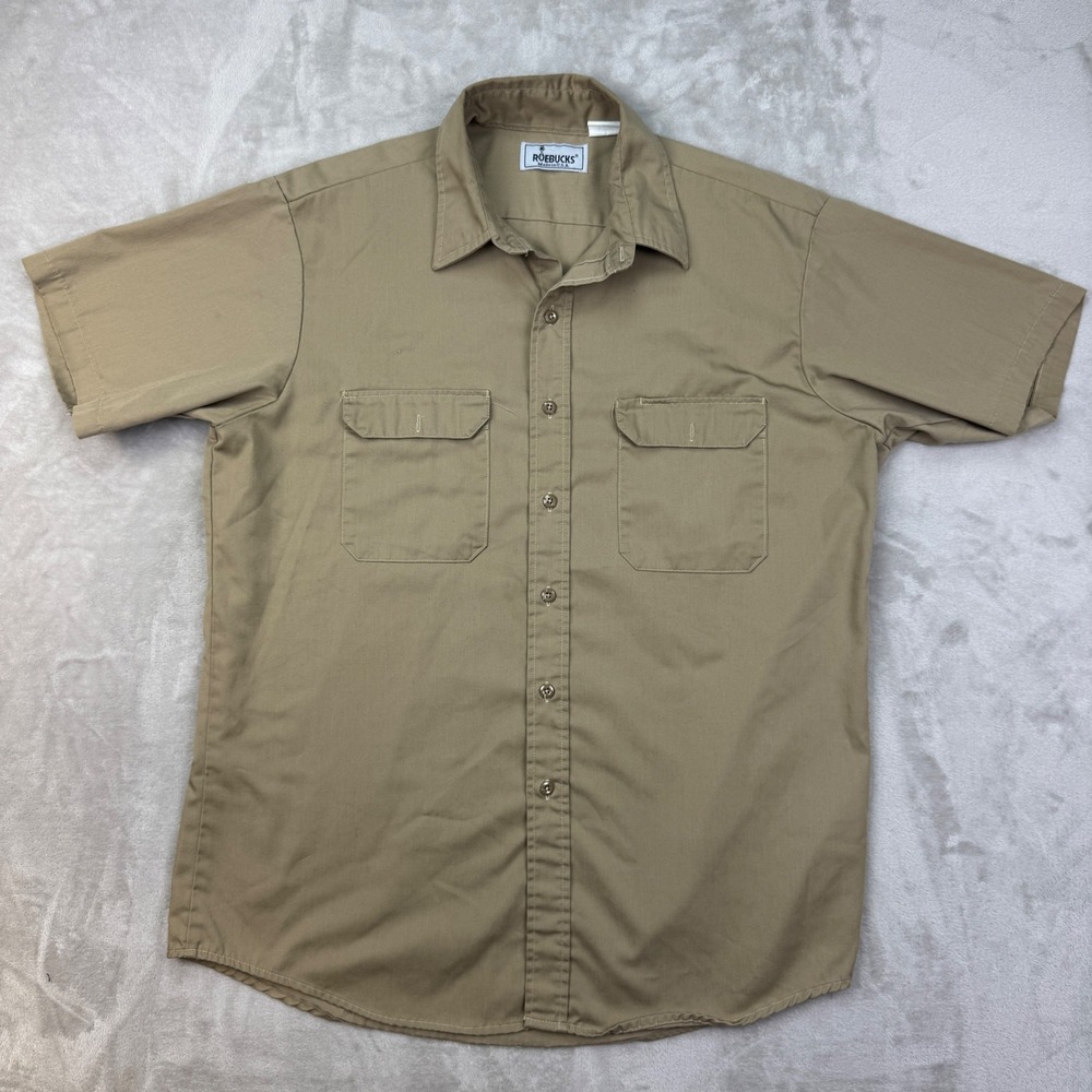 Vintage Roebucks USA Work Shirt Mens XL Tan Regular Utility 80s Perma Prest